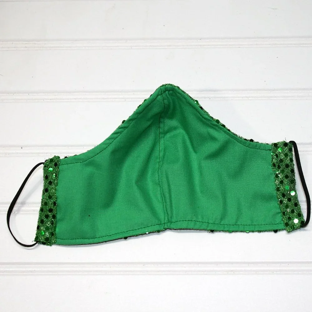 HAND CRAFTED Face Mask Green Confetti Dot Sequin - Adult - Shield Style